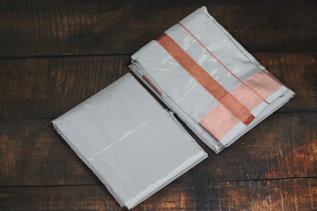 Artsilk Smoke Grey Combo Set (Shirt Fabric+Dhoti) with 100k Copper Border