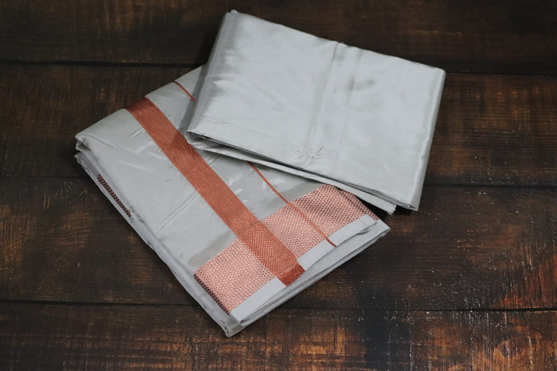 Artsilk Smoke Grey Combo Set (Shirt Fabric+Dhoti) with 100k Copper Border