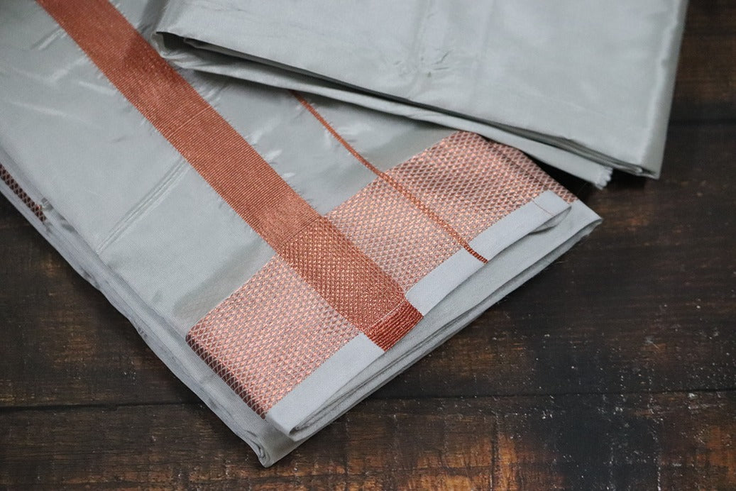 Artsilk Smoke Grey Combo Set (Shirt Fabric+Dhoti) with 100k Copper Border