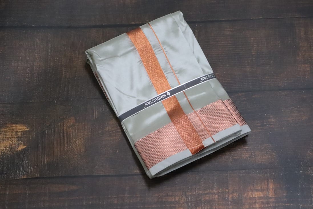 Artsilk Smoke Grey Combo Set (Shirt Fabric+Dhoti) with 100k Copper Border