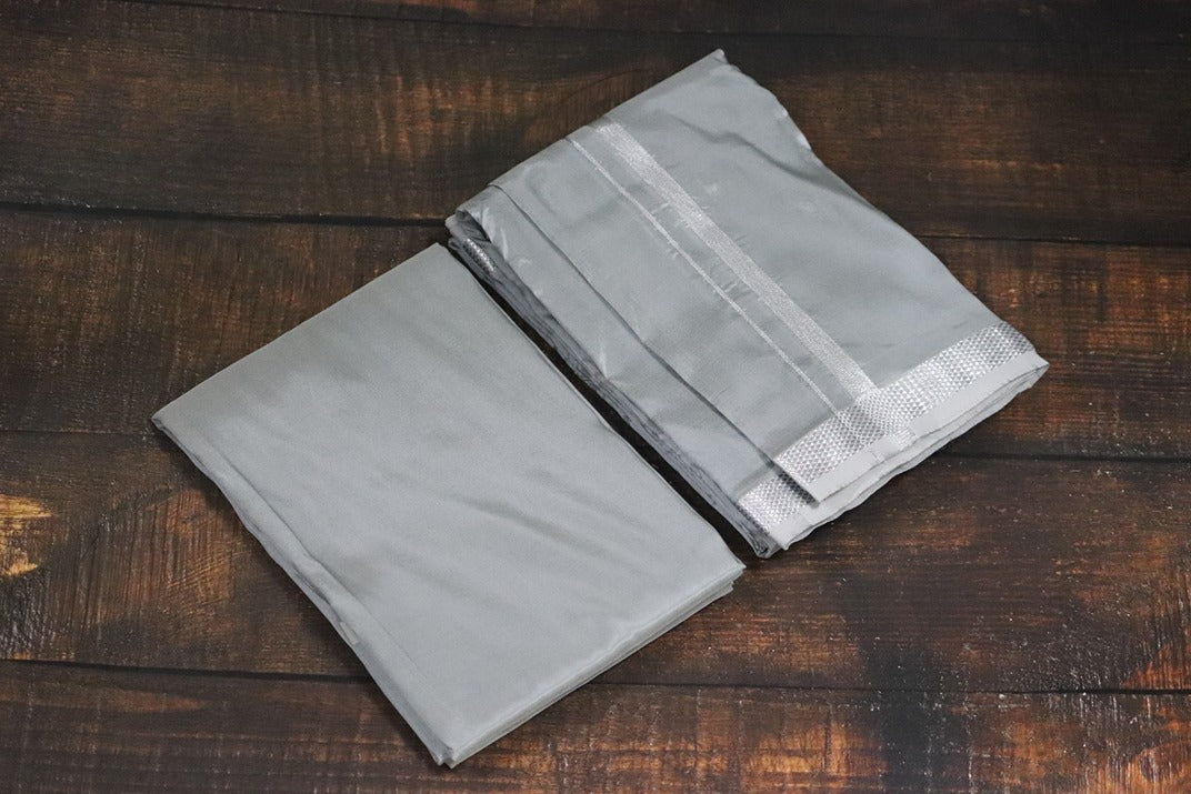 Artsilk Steel Grey Combo Set (Shirt Fabric+Dhoti) with 50k Silver Border