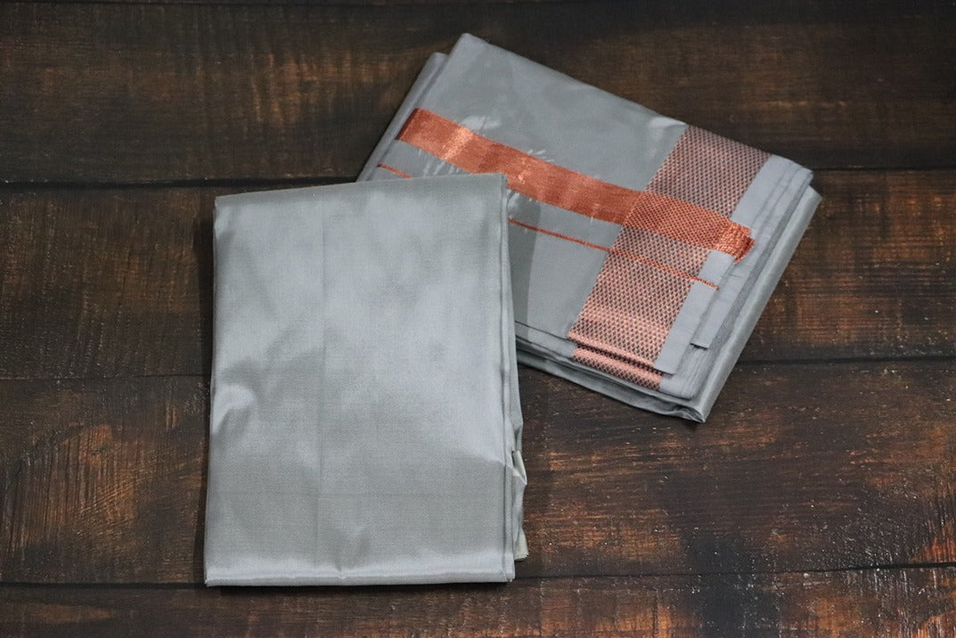 Artsilk Steel Grey Combo Set (Shirt Fabric+Dhoti) with 100k  Copper Border