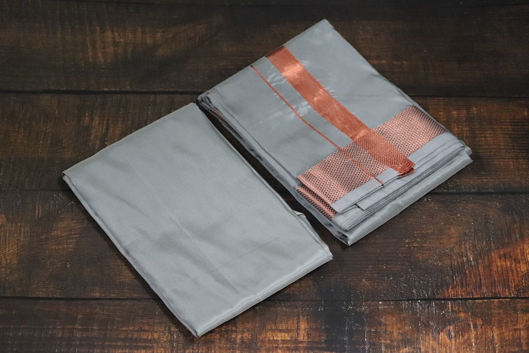 Artsilk Steel Grey Combo Set (Shirt Fabric+Dhoti) with 100k  Copper Border