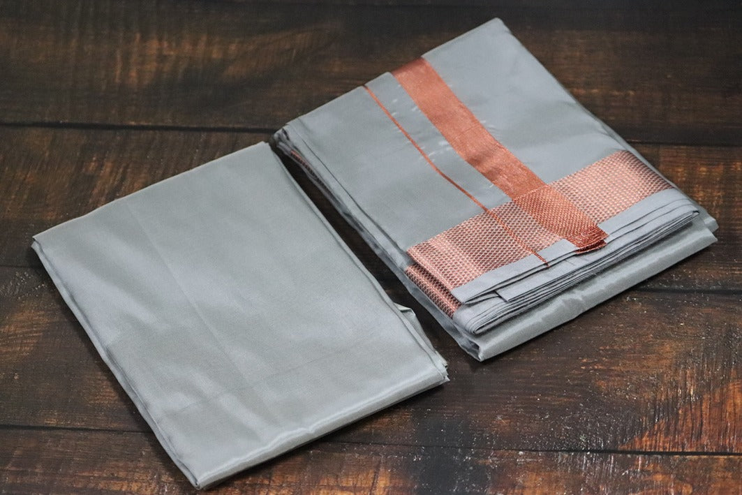 Artsilk Steel Grey Combo Set (Shirt Fabric+Dhoti) with 100k  Copper Border