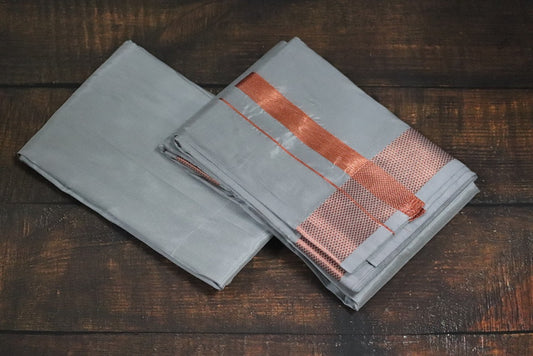 Artsilk Steel Grey Combo Set (Shirt Fabric+Dhoti) with 100k  Copper Border