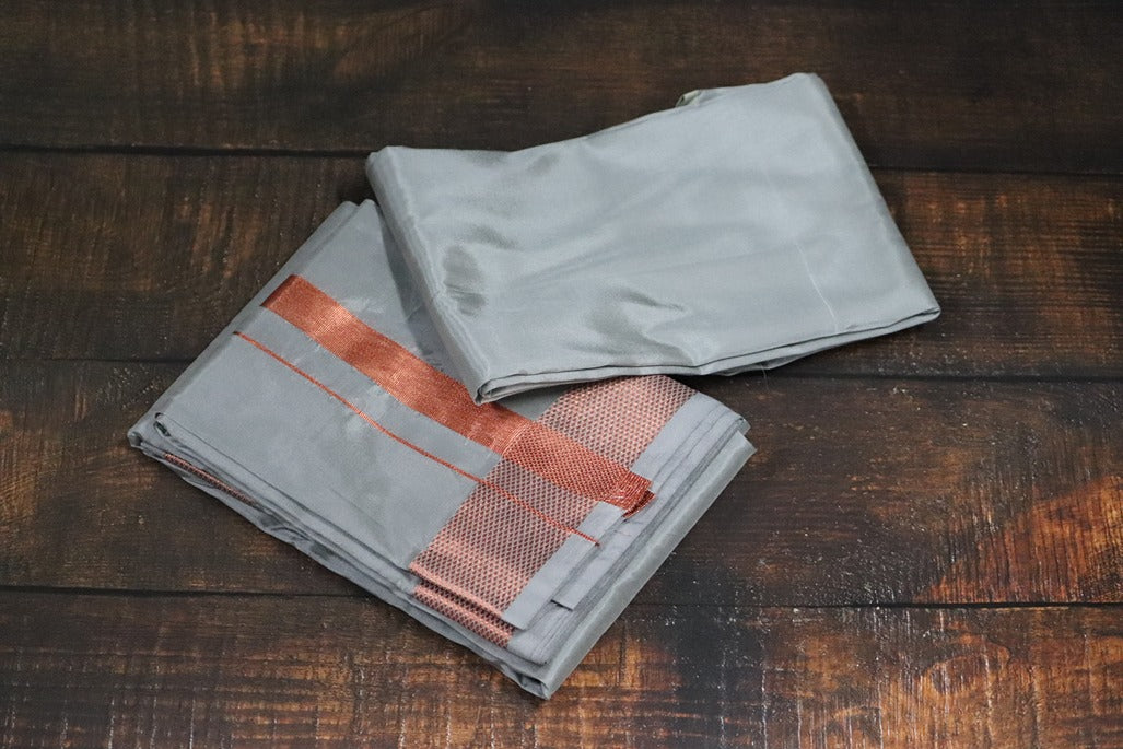 Artsilk Steel Grey Combo Set (Shirt Fabric+Dhoti) with 100k  Copper Border