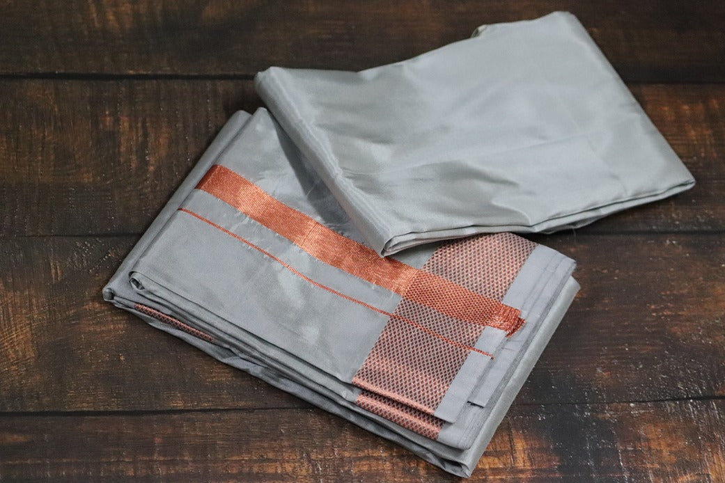 Artsilk Steel Grey Combo Set (Shirt Fabric+Dhoti) with 100k  Copper Border