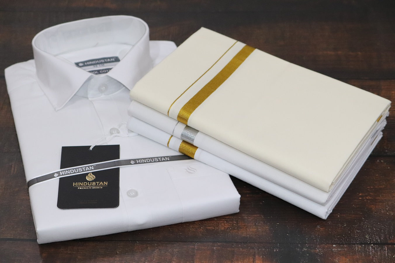 Matching White Shirt & 30k Jari + 30k Silver Jari + 30k Cream Dhoti Set (2mtr)