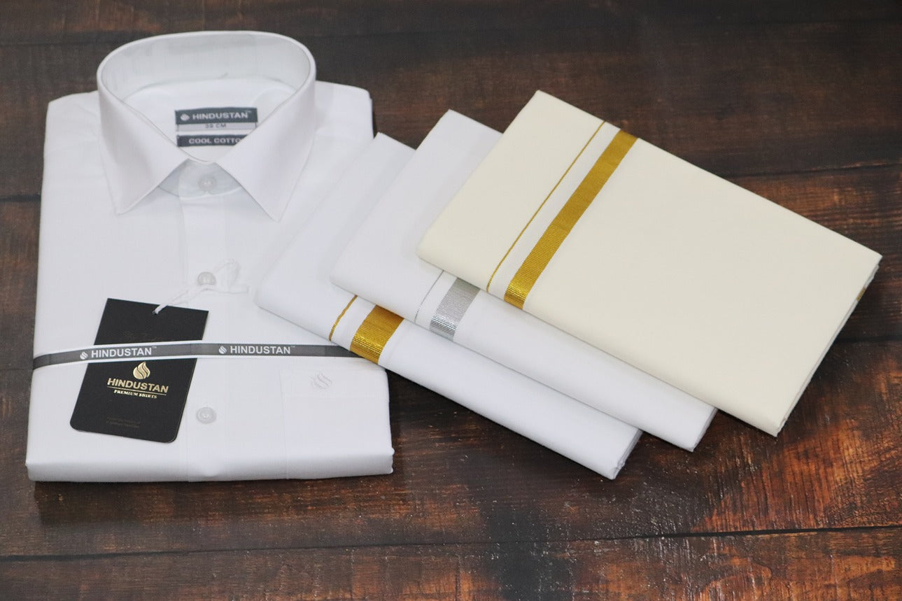 Matching White Shirt & 30k Jari + 30k Silver Jari + 30k Cream Dhoti Set (2mtr)