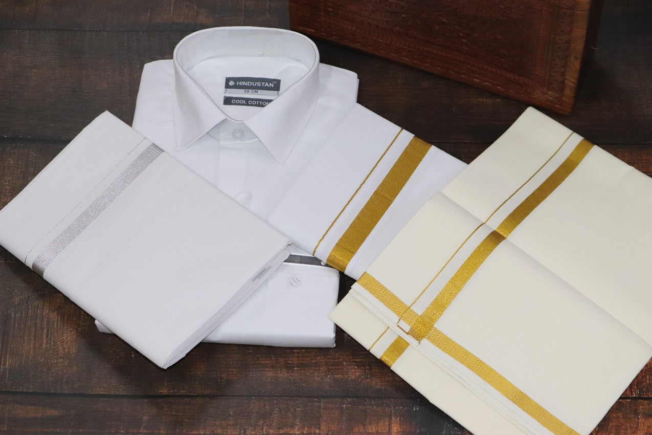 Matching White Shirt & 30k Jari + 30k Silver Jari + 30k Cream Dhoti Set (2mtr)