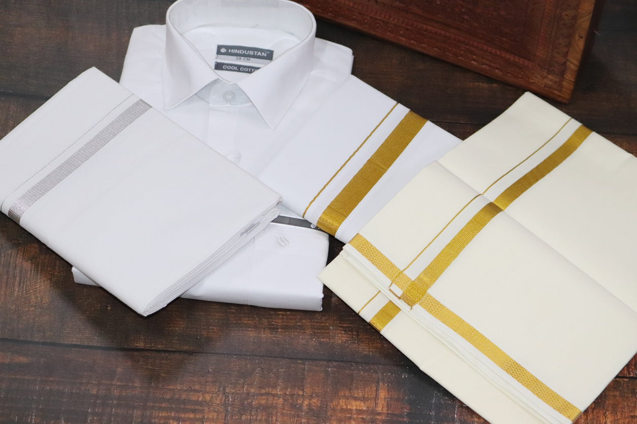 Matching White Shirt & 30k Jari + 30k Silver Jari + 30k Cream Dhoti Set (2mtr)