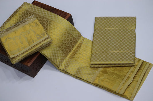 Aryan Silk Mix Ancient Metallic Gold Shirt Material+Dhoti Set (MANNAN EDITION)