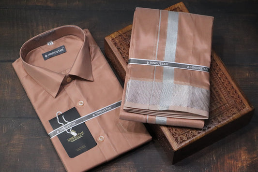 Artsilk Copper Shirt + Copper Dhoti with 100k Silver Border Set