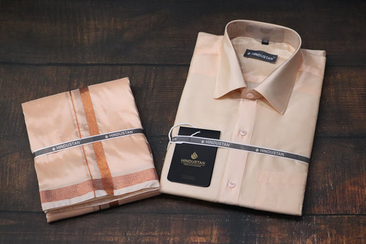 Artsilk Coral Shirt + Dhoti with 50k Copper Border Set