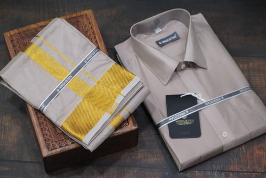 Artsilk Sandstone Shirt + Dhoti with 100k Gold Border Set