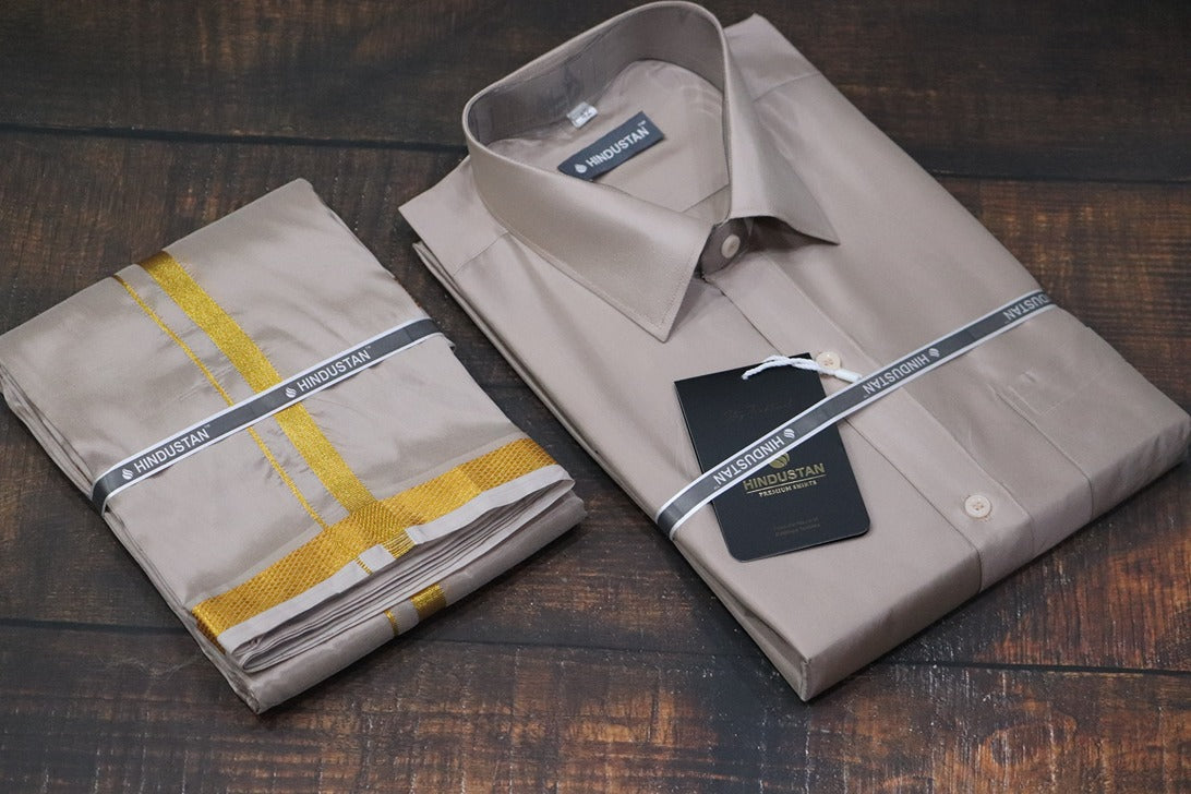 Artsilk Sandstone Shirt + Dhoti with 50k Gold Border Set