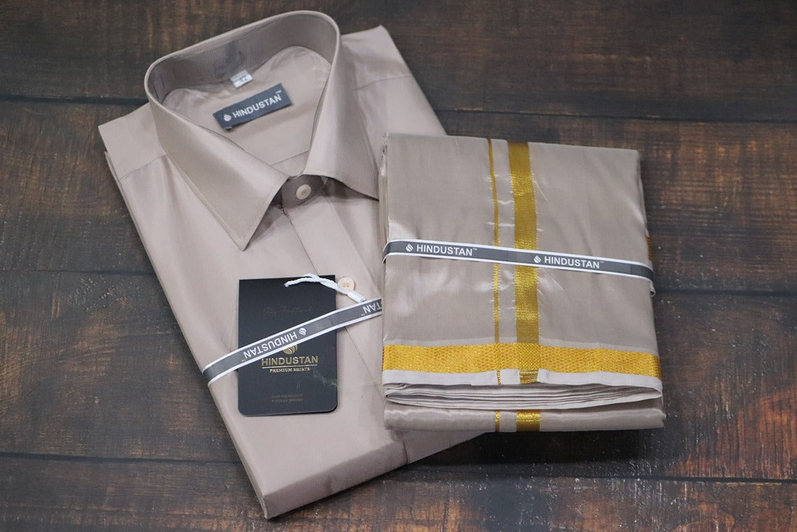 Artsilk Sandstone Shirt + Dhoti with 50k Gold Border Set