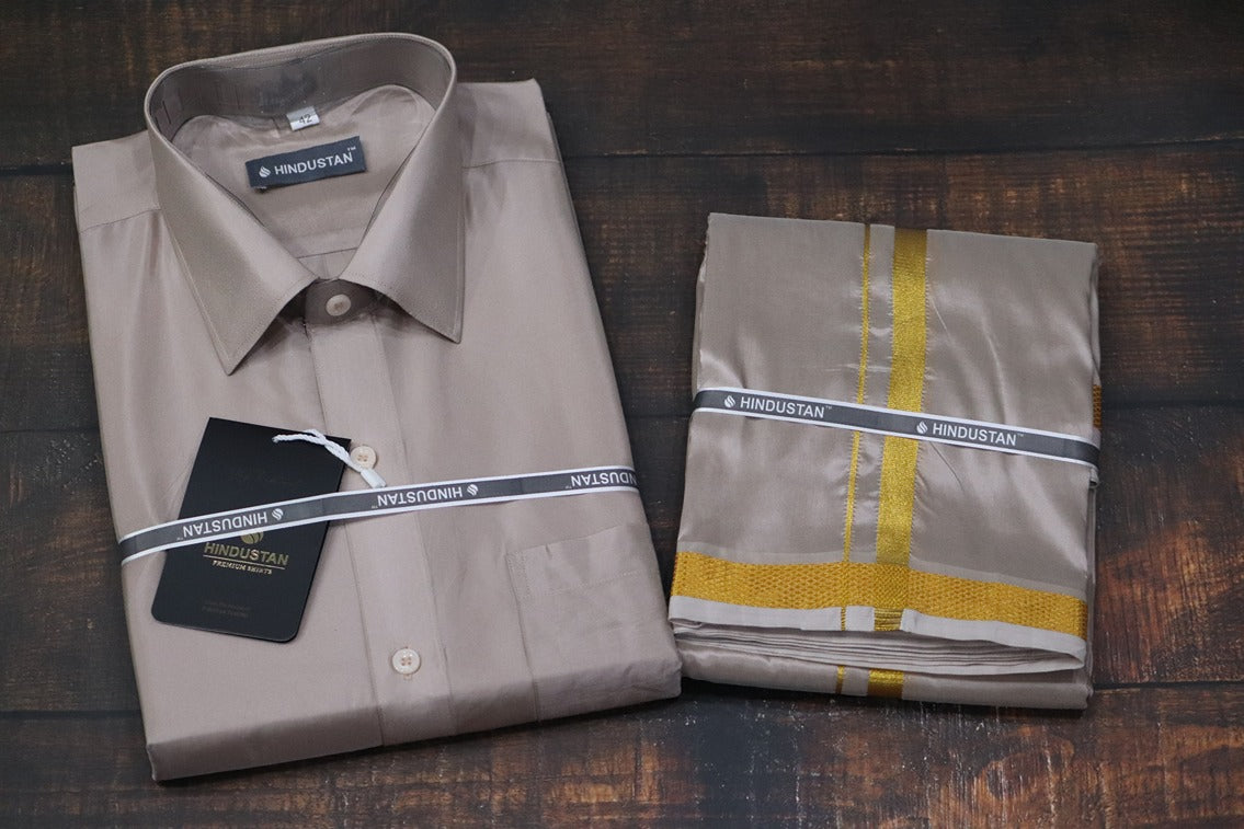 Artsilk Sandstone Shirt + Dhoti with 50k Gold Border Set