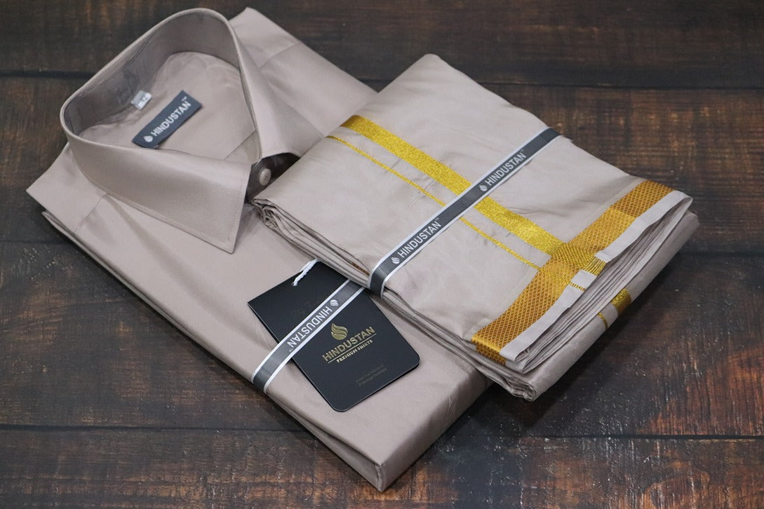 Artsilk Sandstone Shirt + Dhoti with 50k Gold Border Set