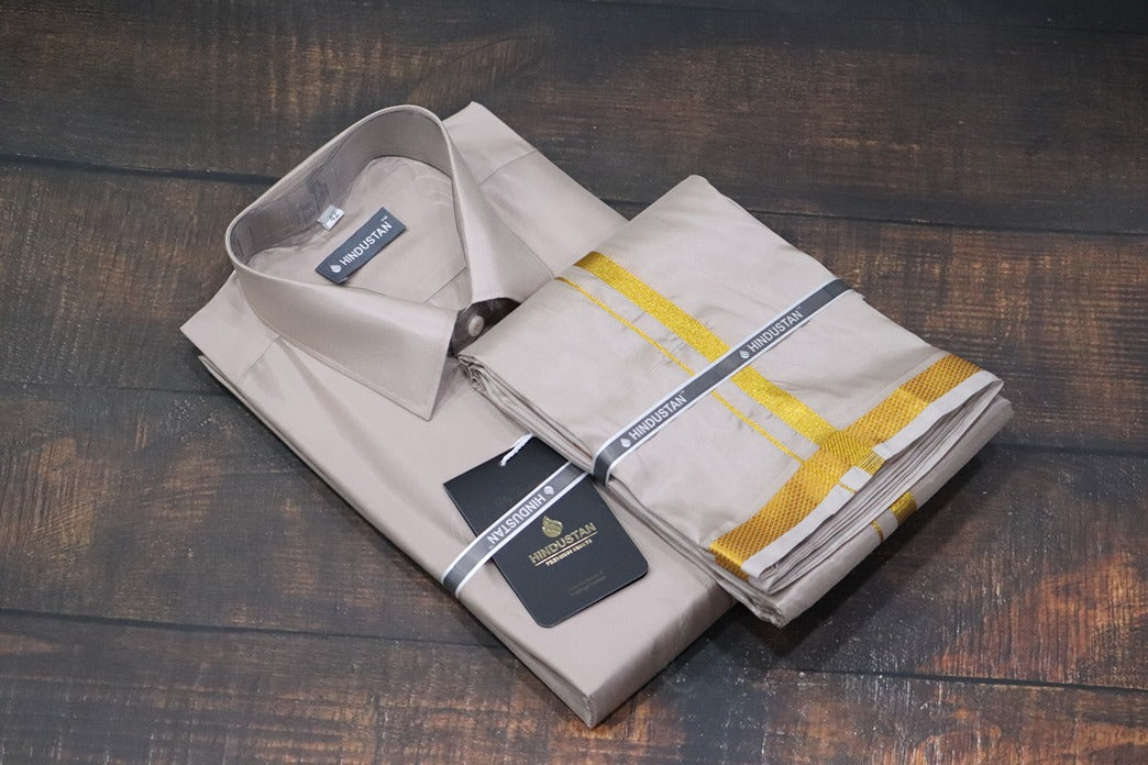 Artsilk Sandstone Shirt + Dhoti with 50k Gold Border Set