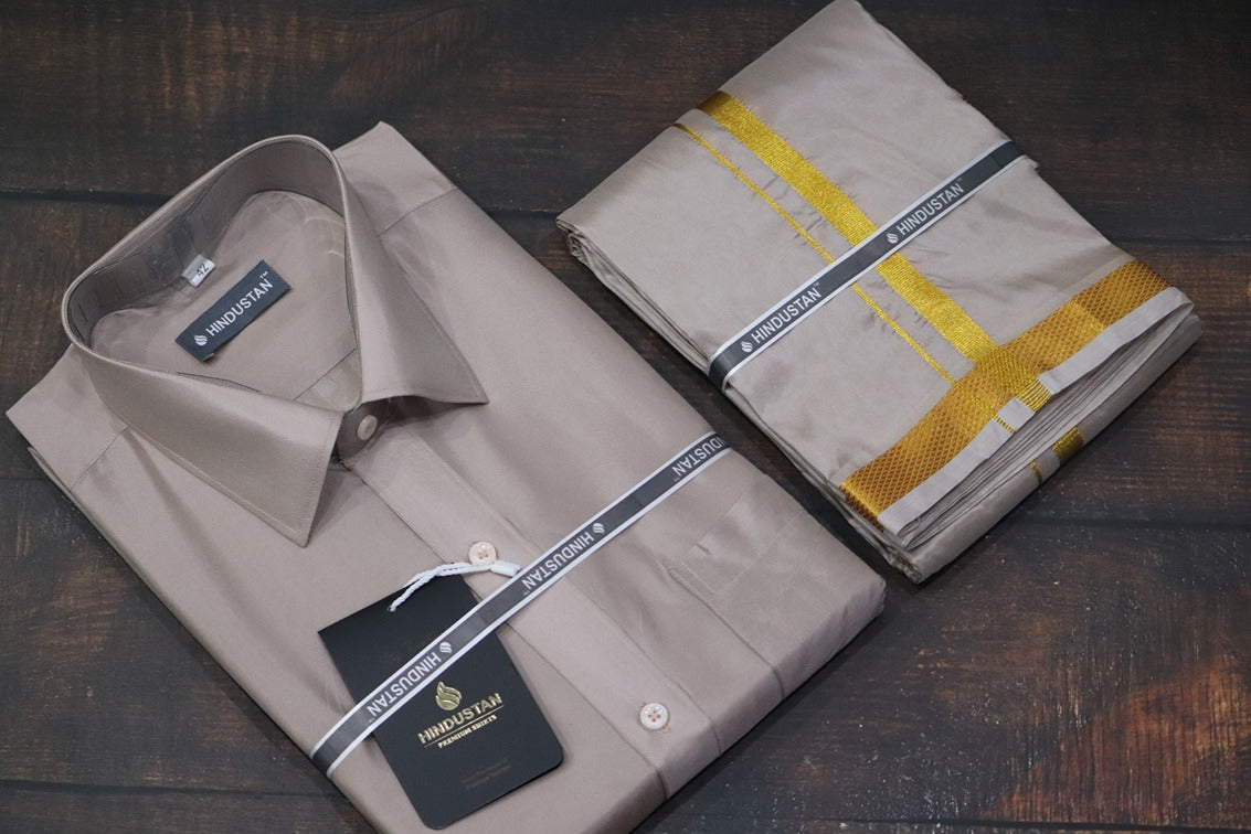 Artsilk Sandstone Shirt + Dhoti with 50k Gold Border Set