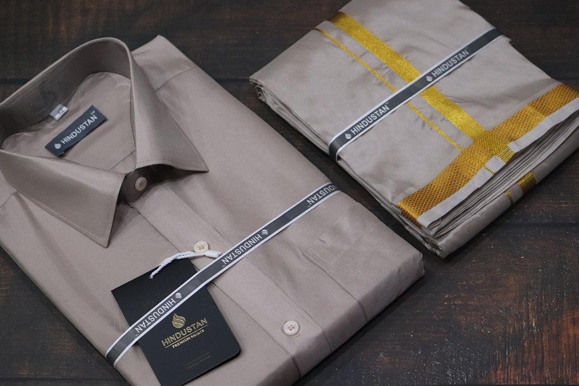 Artsilk Sandstone Shirt + Dhoti with 50k Gold Border Set