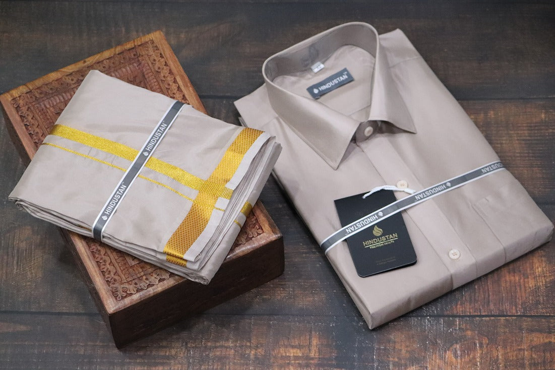 Artsilk Sandstone Shirt + Dhoti with 50k Gold Border Set