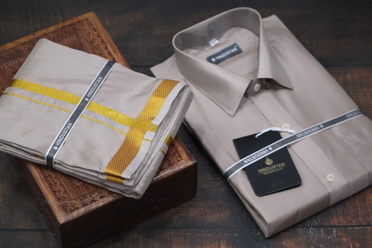 Artsilk Sandstone Shirt + Dhoti with 50k Gold Border Set