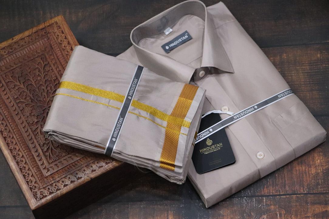 Artsilk Sandstone Shirt + Dhoti with 50k Gold Border Set