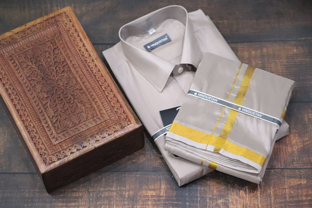 Artsilk Sandstone Shirt + Dhoti with 50k Gold Border Set