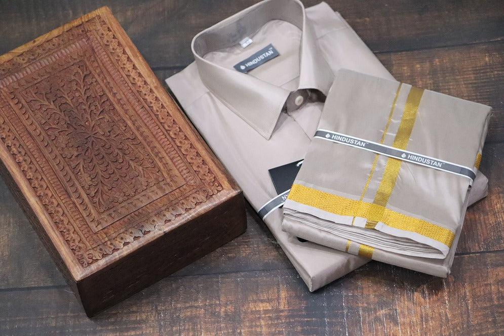 Artsilk Sandstone Shirt + Dhoti with 50k Gold Border Set