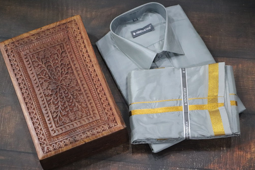 Artsilk Steel Grey Shirt + Dhoti with 50k Gold Border Set