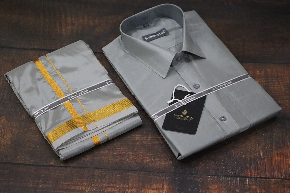 Artsilk Steel Grey Shirt + Dhoti with 50k Gold Border Set