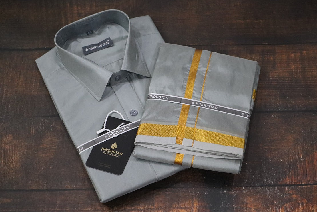 Artsilk Steel Grey Shirt + Dhoti with 50k Gold Border Set