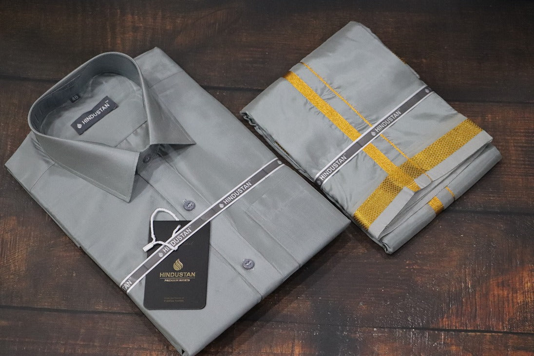 Artsilk Steel Grey Shirt + Dhoti with 50k Gold Border Set