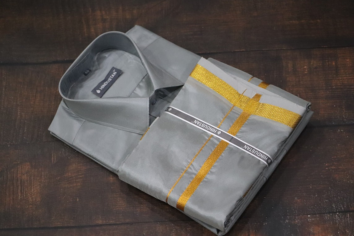 Artsilk Steel Grey Shirt + Dhoti with 50k Gold Border Set