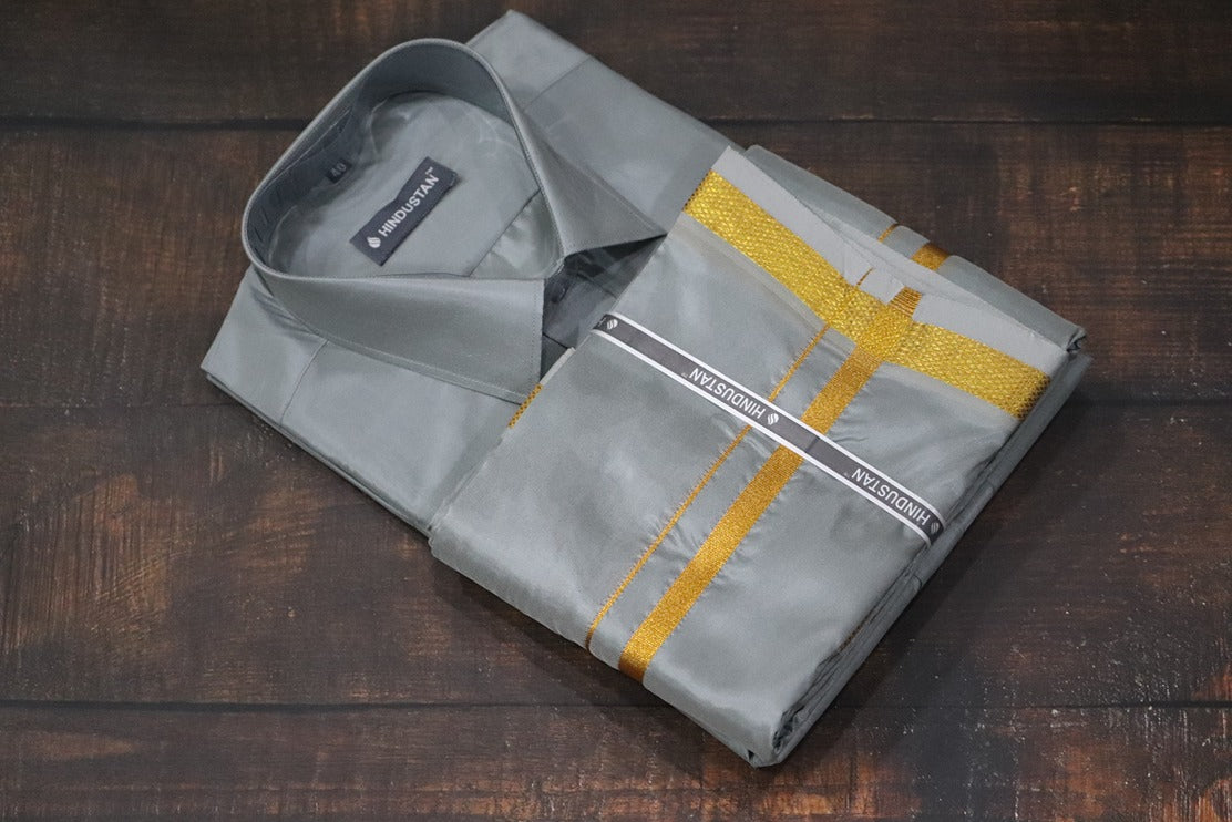 Artsilk Steel Grey Shirt + Dhoti with 50k Gold Border Set