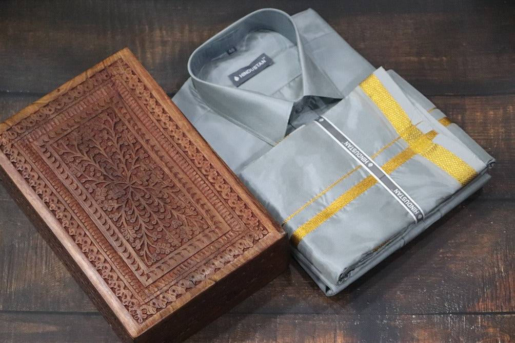 Artsilk Steel Grey Shirt + Dhoti with 50k Gold Border Set