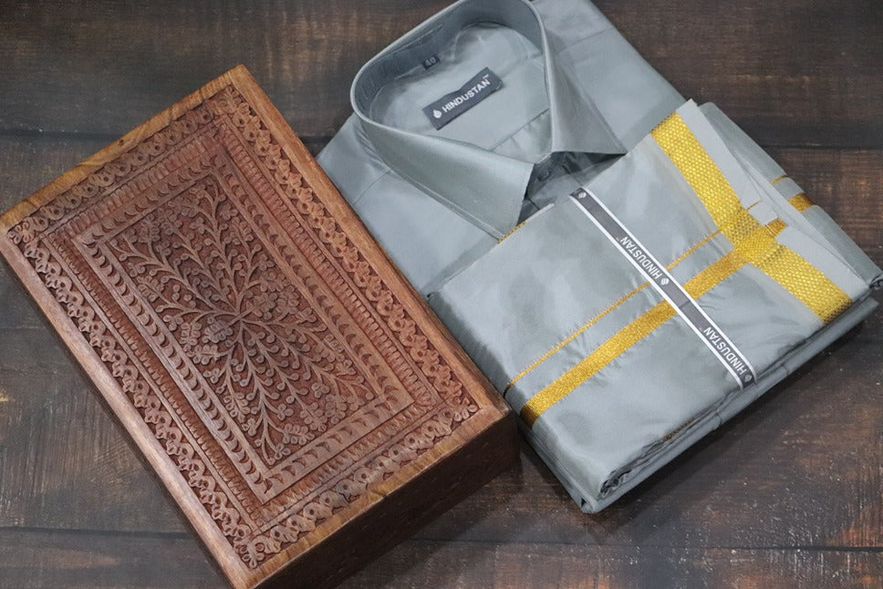 Artsilk Steel Grey Shirt + Dhoti with 50k Gold Border Set