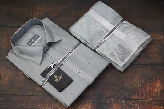 Artsilk Steel Grey Shirt + Dhoti with  100k Silver Border Set