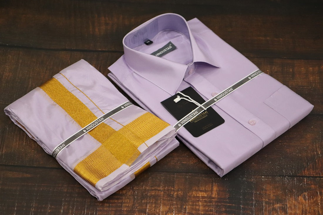 Artsilk Ultra Violet Shirt + Dhoti with 100k Gold Border Set