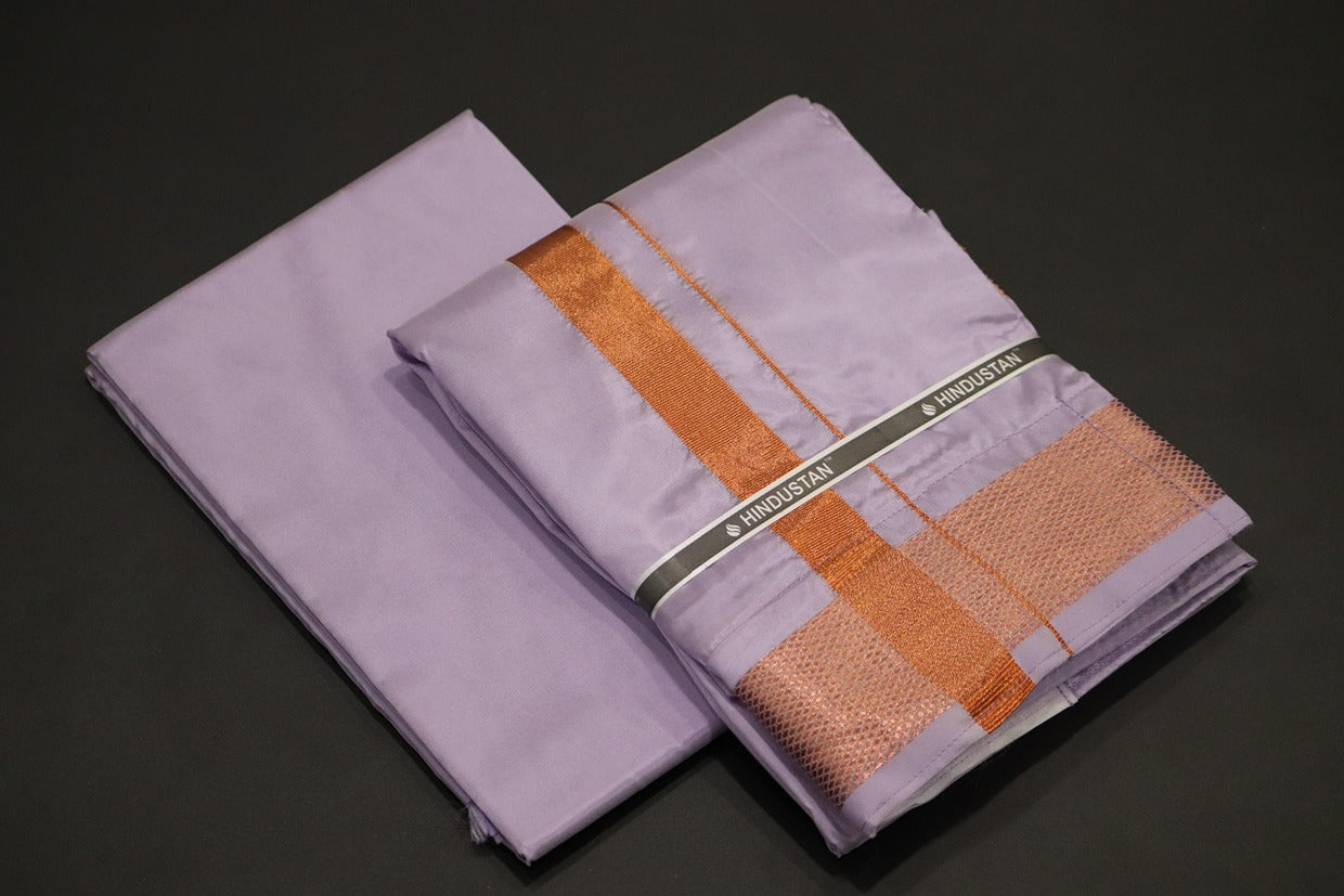 Artsilk Ultra Violet Shirt Material+ Dhoti with 100k Copper Border Set