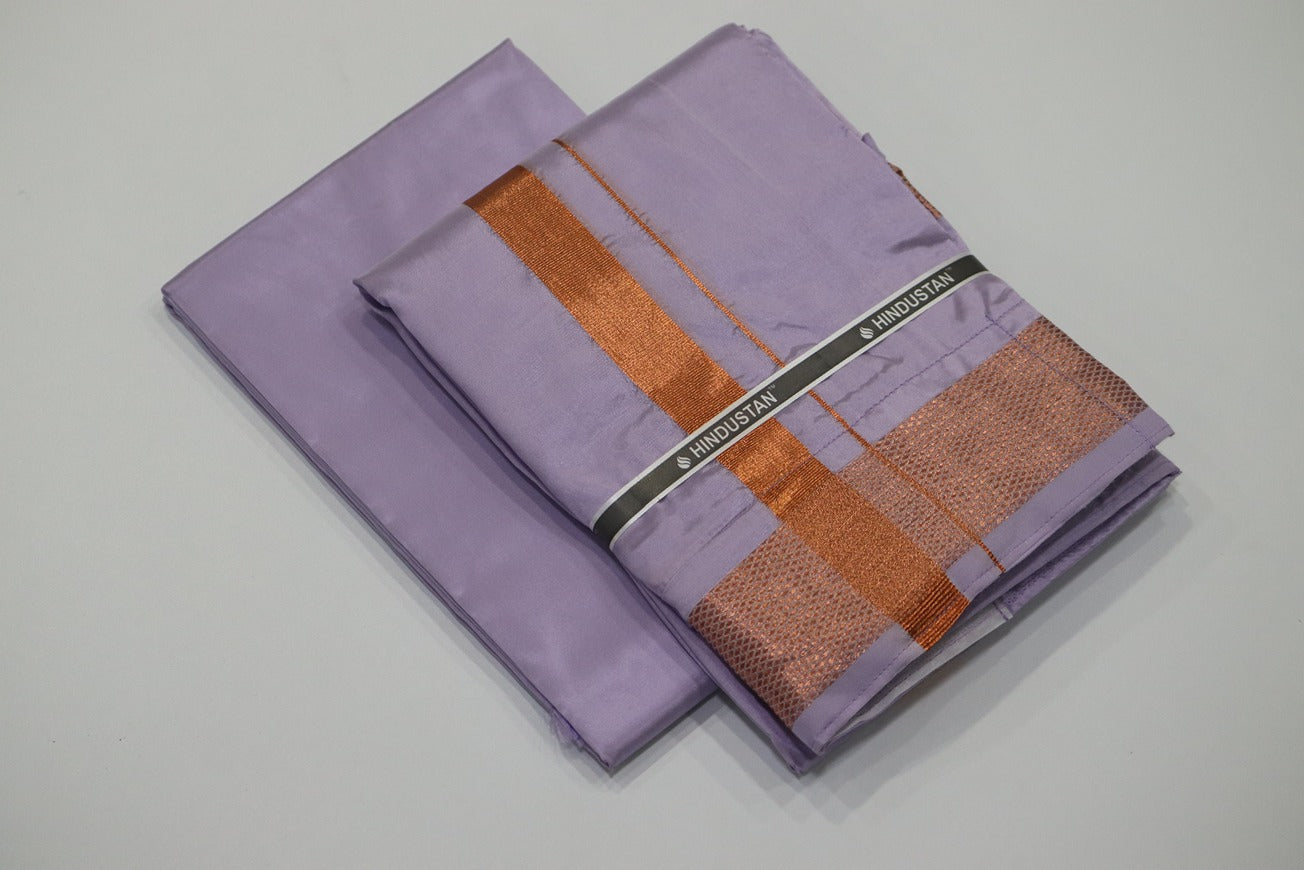 Artsilk Ultra Violet Shirt Material+ Dhoti with 100k Copper Border Set