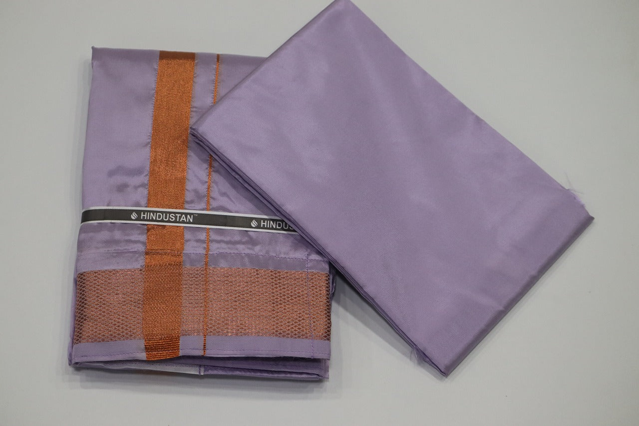 Artsilk Ultra Violet Shirt Material+ Dhoti with 100k Copper Border Set