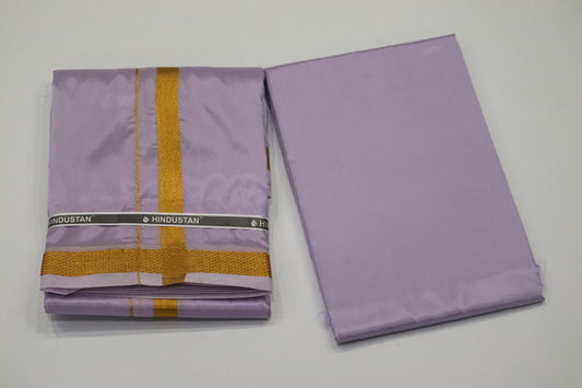 Artsilk Ultra Violet Shirt Material + Dhoti with 50k Gold Border Set