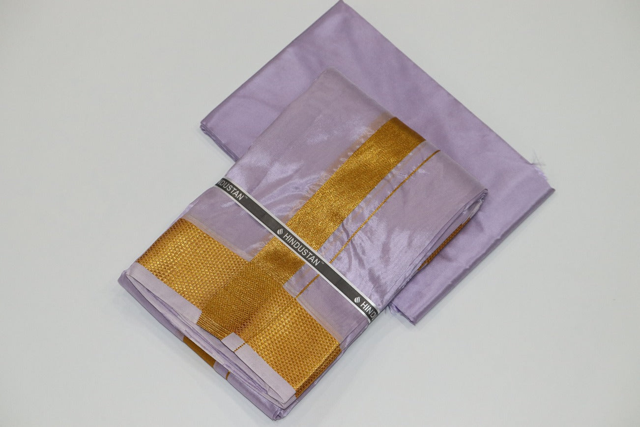 Artsilk Ultra Violet Shirt Material + Dhoti with 100k Gold Border Set