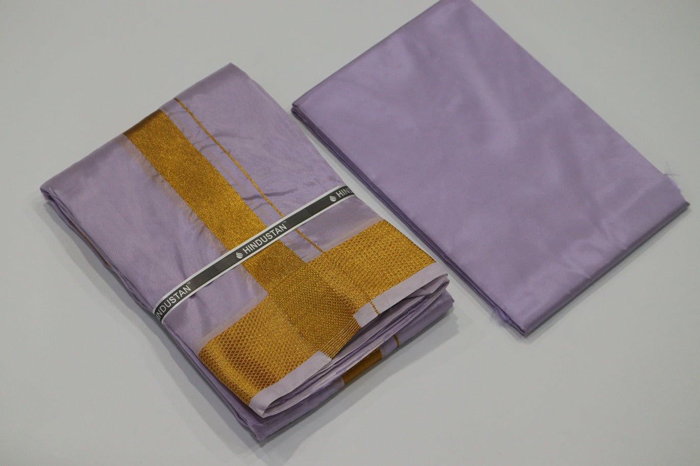 Artsilk Ultra Violet Shirt Material + Dhoti with 100k Gold Border Set