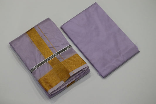 Artsilk Ultra Violet Shirt Material + Dhoti with 100k Gold Border Set