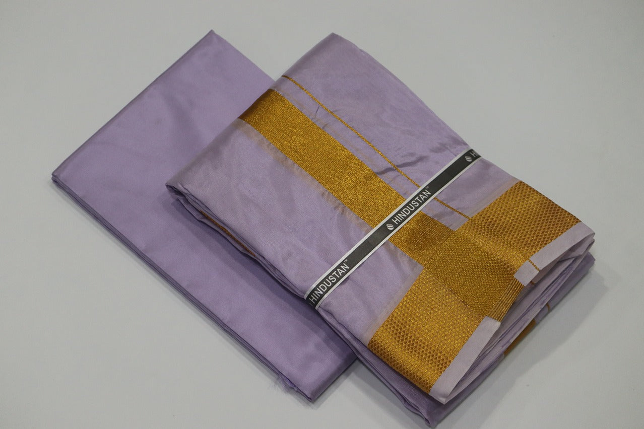 Artsilk Ultra Violet Shirt Material + Dhoti with 100k Gold Border Set