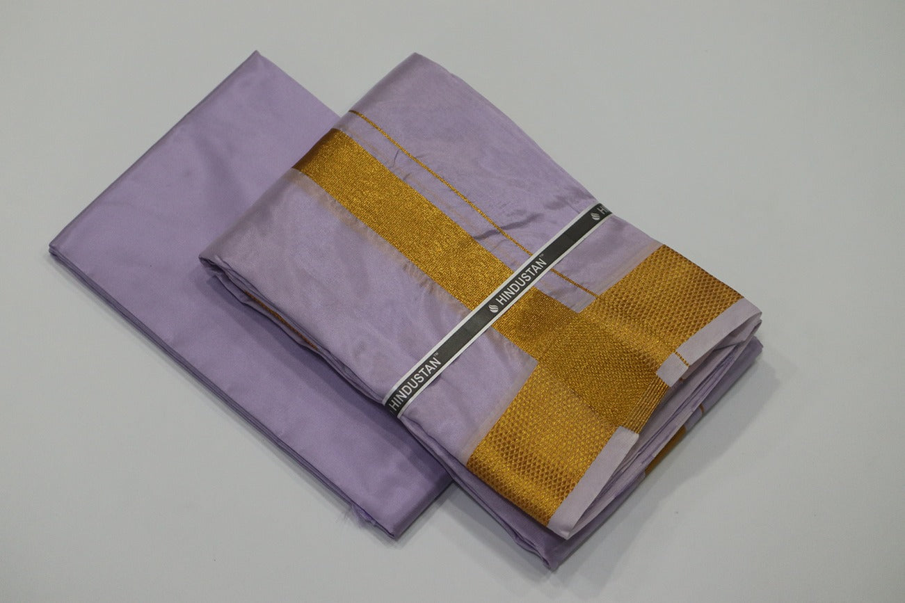 Artsilk Ultra Violet Shirt Material + Dhoti with 100k Gold Border Set